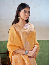 Vivacious Yellow Zari Weaving Linen Silk Saree With Hypnotic Blouse Piece