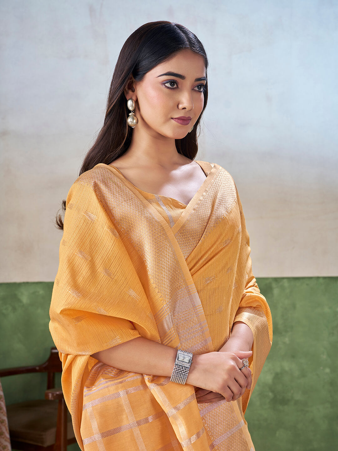 Vivacious Yellow Zari Weaving Linen Silk Saree With Hypnotic Blouse Piece