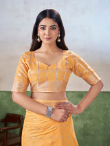 Vivacious Yellow Zari Weaving Linen Silk Saree With Hypnotic Blouse Piece