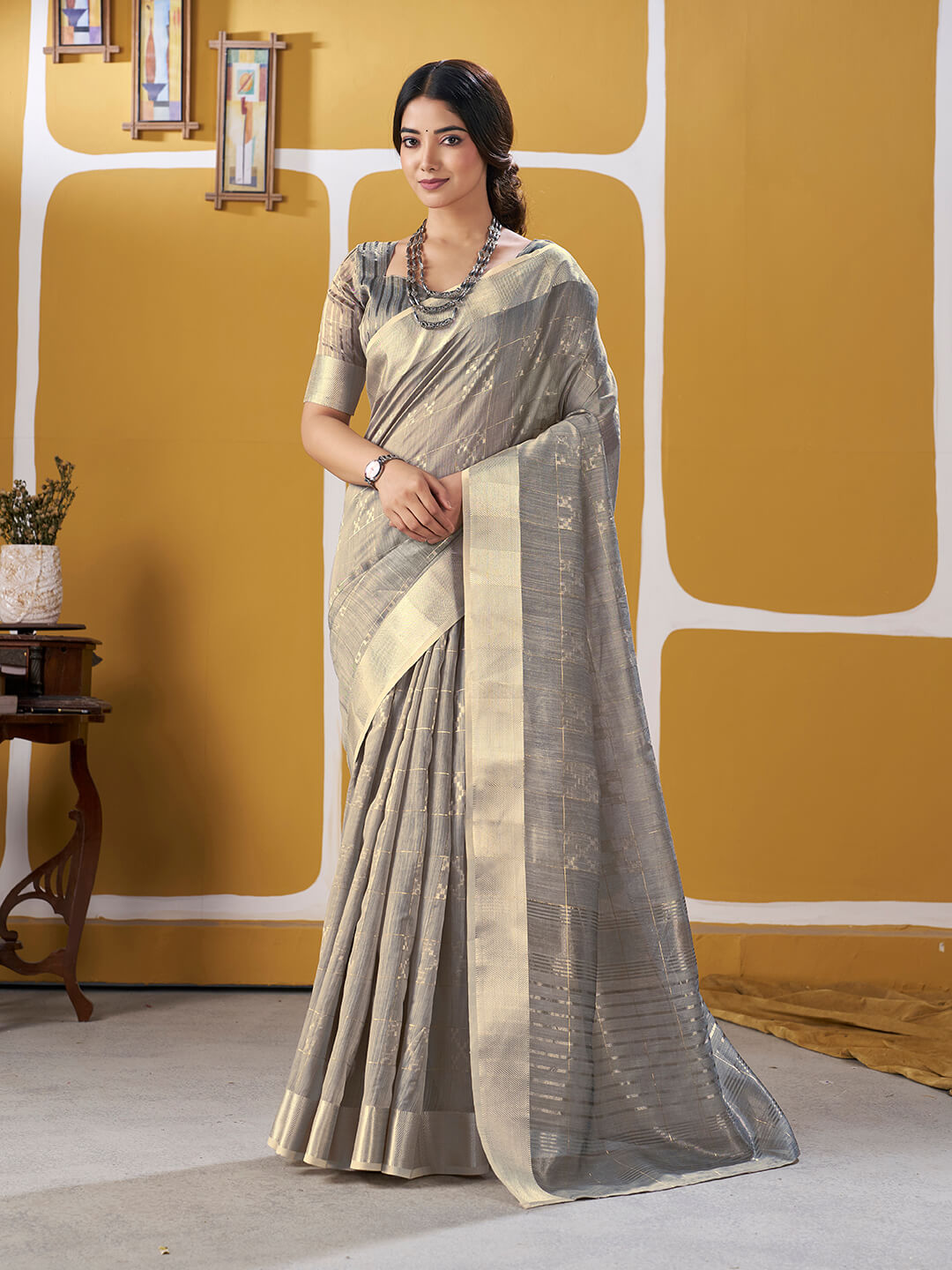 Murmurous Grey Zari Weaving Linen Silk Saree With Sophisticated Blouse Piece