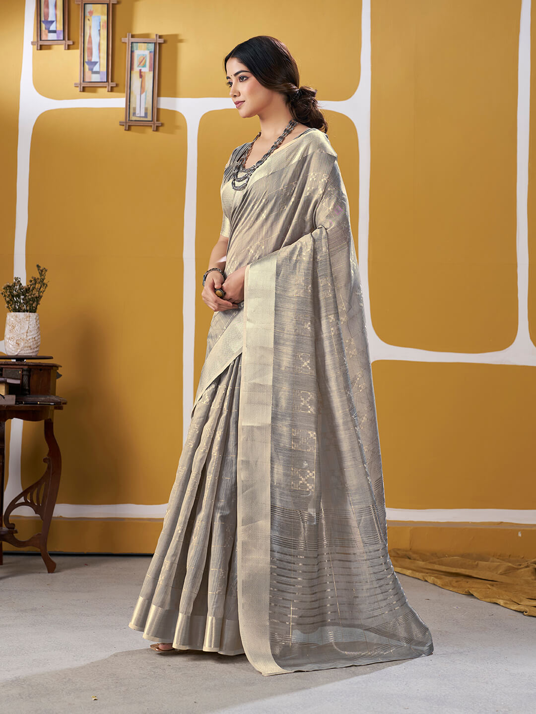 Murmurous Grey Zari Weaving Linen Silk Saree With Sophisticated Blouse Piece