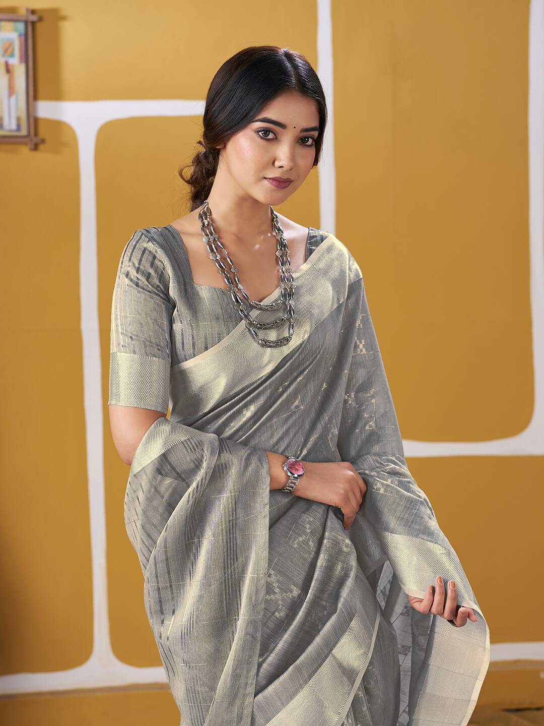 Murmurous Grey Zari Weaving Linen Silk Saree With Sophisticated Blouse Piece