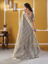 Murmurous Grey Zari Weaving Linen Silk Saree With Sophisticated Blouse Piece