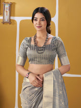 Murmurous Grey Zari Weaving Linen Silk Saree With Sophisticated Blouse Piece