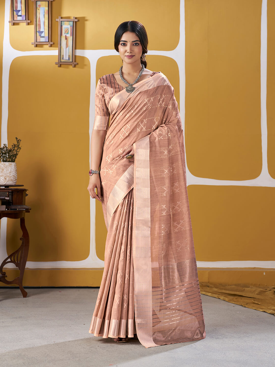 Resonant Peach Zari Weaving Linen Silk Saree With Excellent Blouse Piece