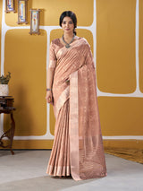 Resonant Peach Zari Weaving Linen Silk Saree With Excellent Blouse Piece