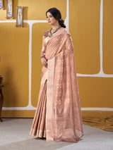 Resonant Peach Zari Weaving Linen Silk Saree With Excellent Blouse Piece