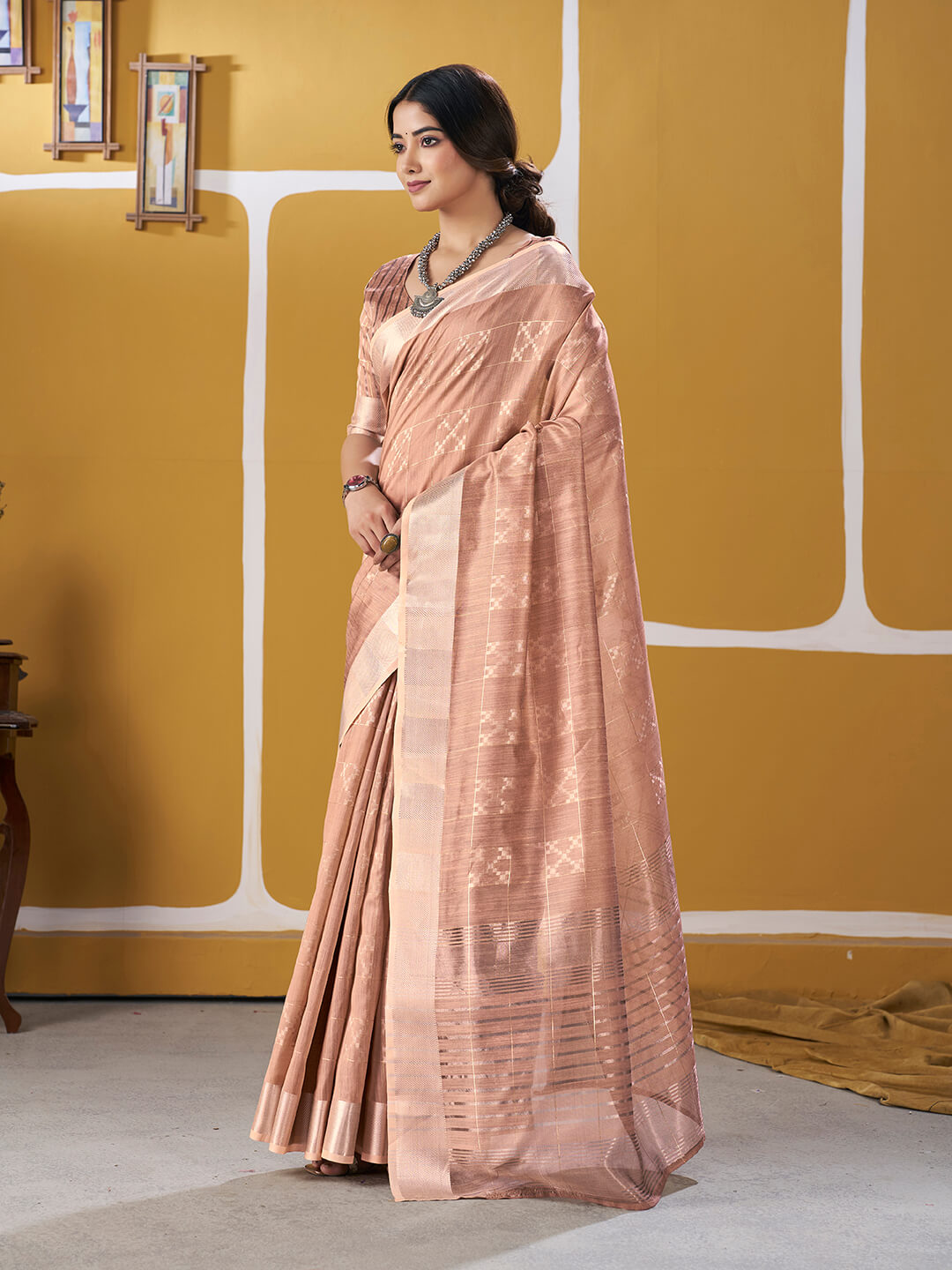 Resonant Peach Zari Weaving Linen Silk Saree With Excellent Blouse Piece