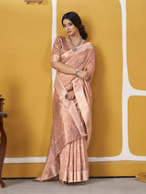 Resonant Peach Zari Weaving Linen Silk Saree With Excellent Blouse Piece