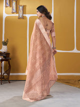 Resonant Peach Zari Weaving Linen Silk Saree With Excellent Blouse Piece