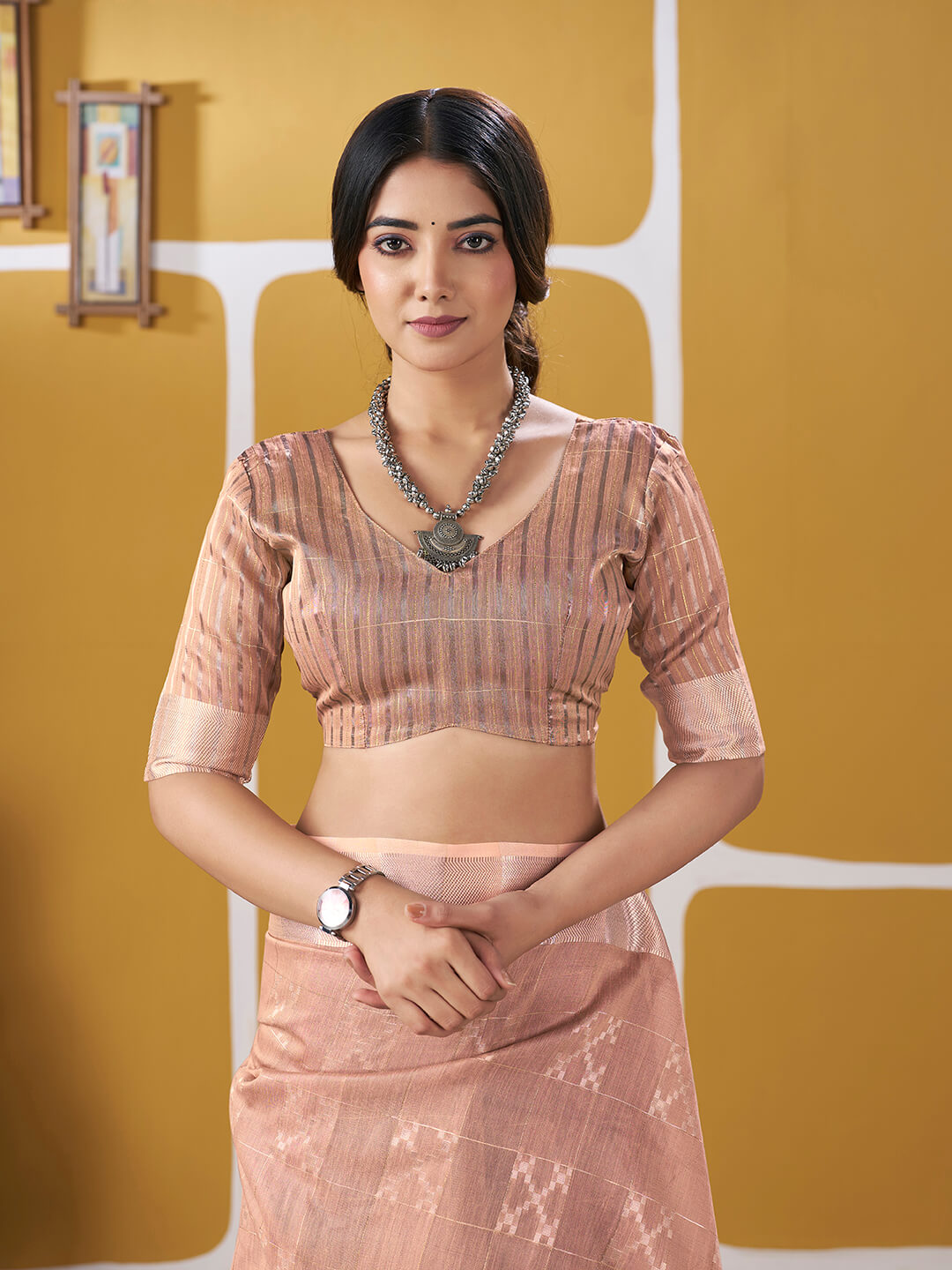 Resonant Peach Zari Weaving Linen Silk Saree With Excellent Blouse Piece