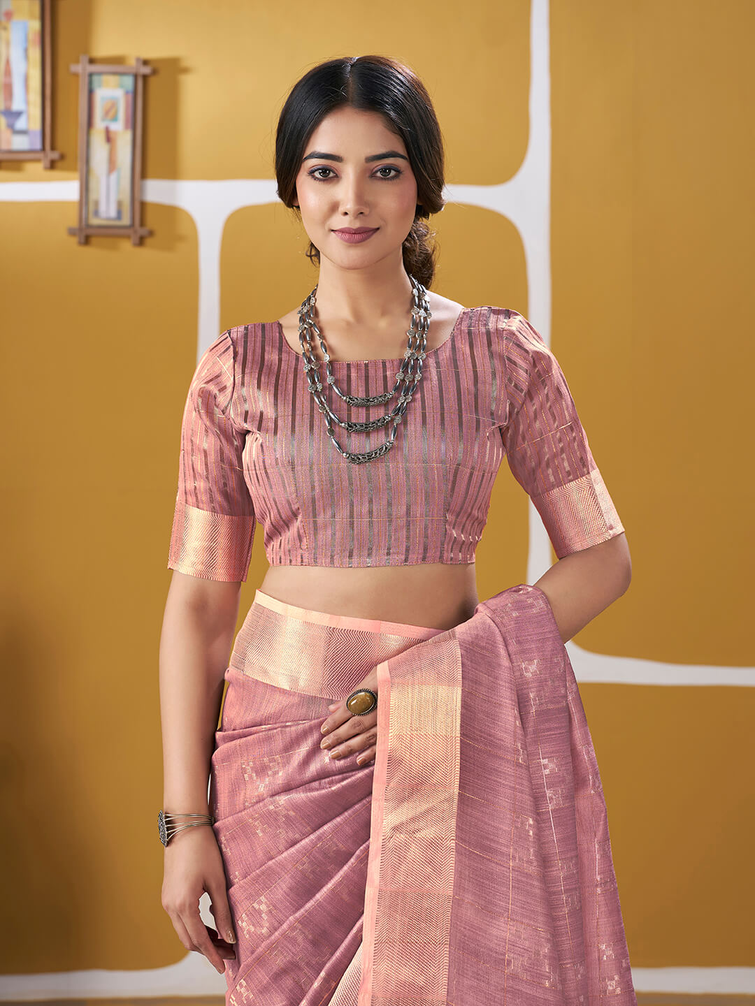 Forbearance Pink Zari Weaving Linen Silk Saree With Felicitous Blouse Piece