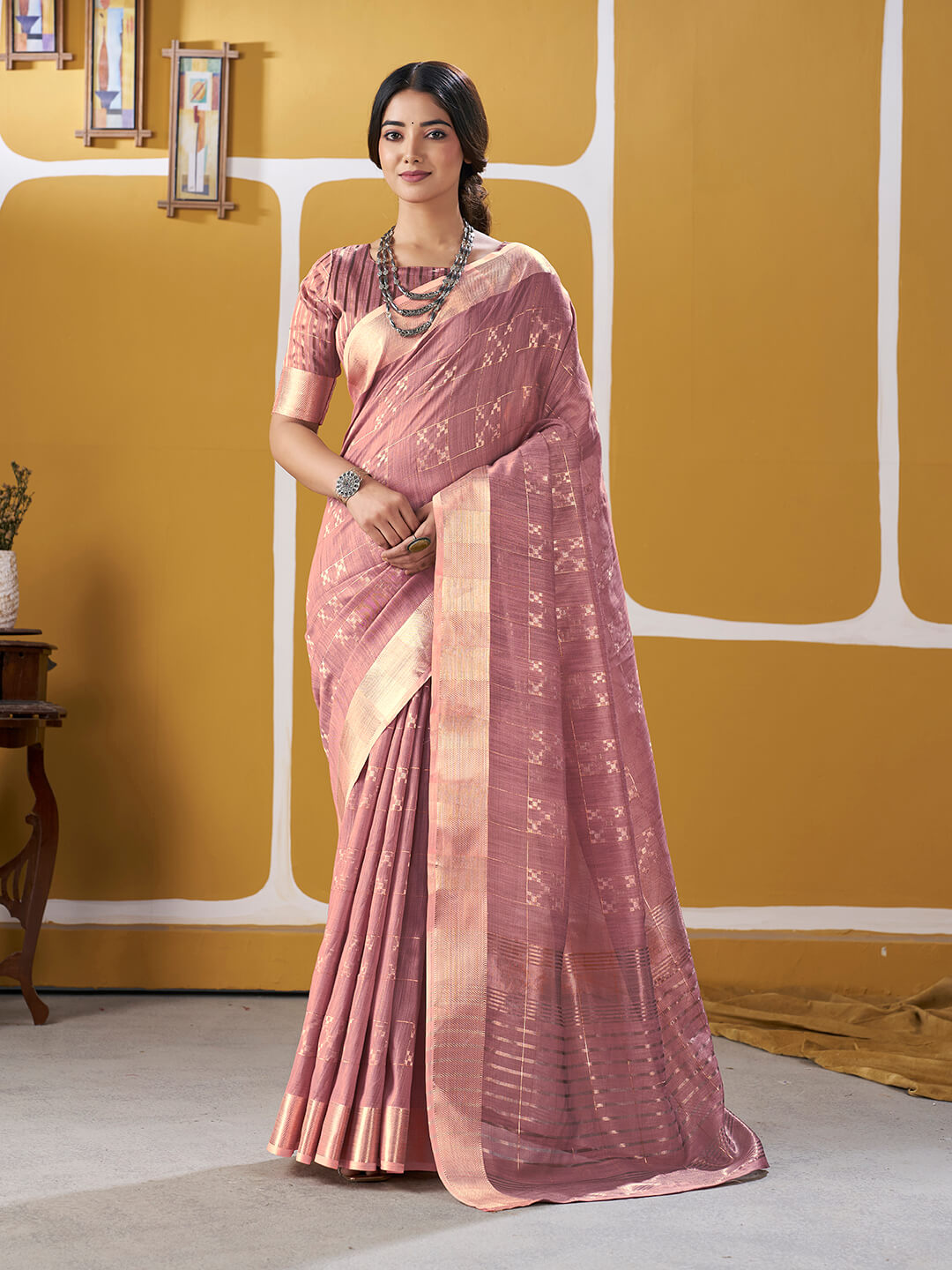 Forbearance Pink Zari Weaving Linen Silk Saree With Felicitous Blouse Piece