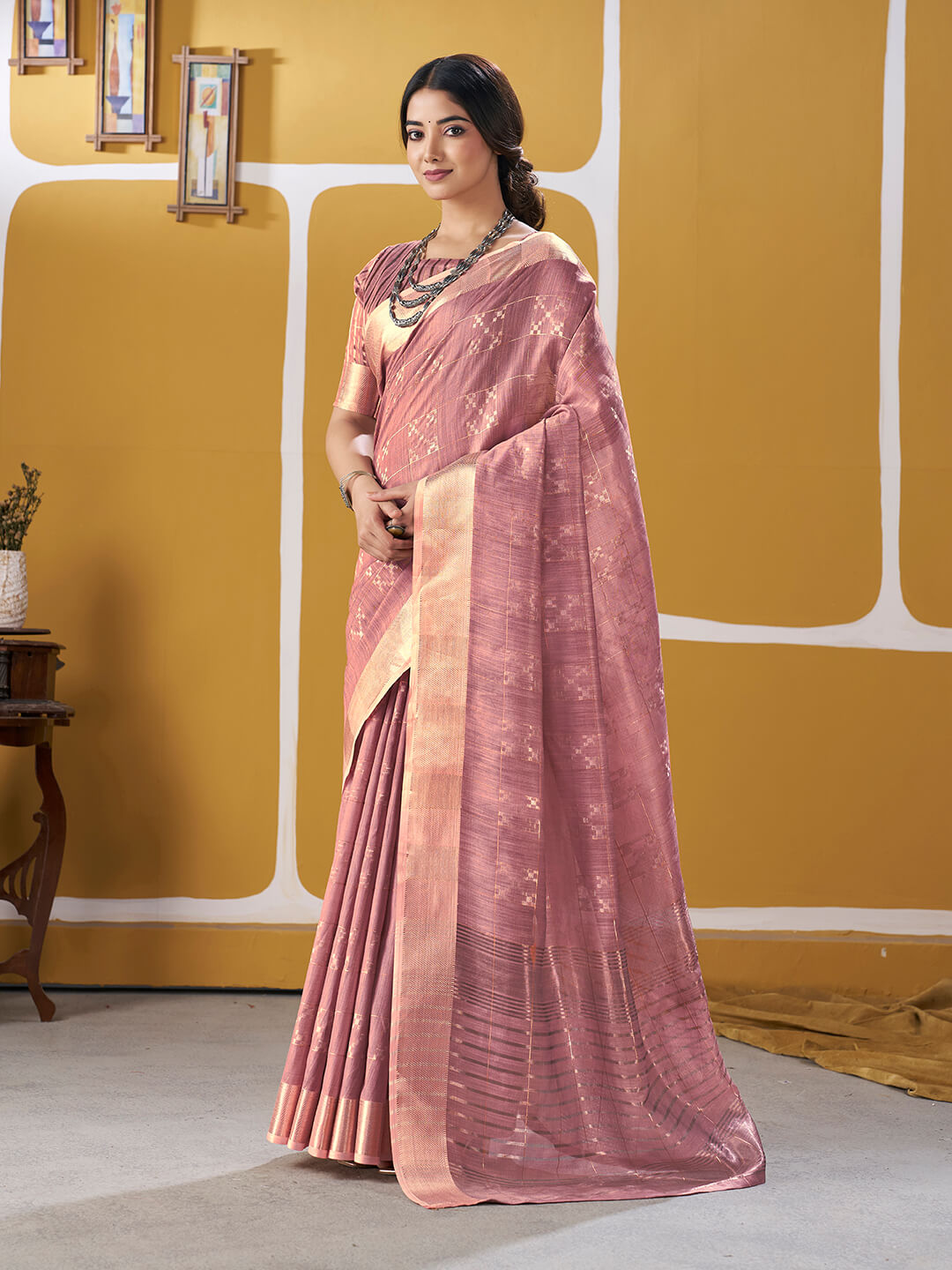 Forbearance Pink Zari Weaving Linen Silk Saree With Felicitous Blouse Piece