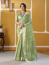 Winsome Pista Zari Weaving Linen Silk Saree With Enamoring Blouse Piece