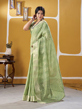 Winsome Pista Zari Weaving Linen Silk Saree With Enamoring Blouse Piece