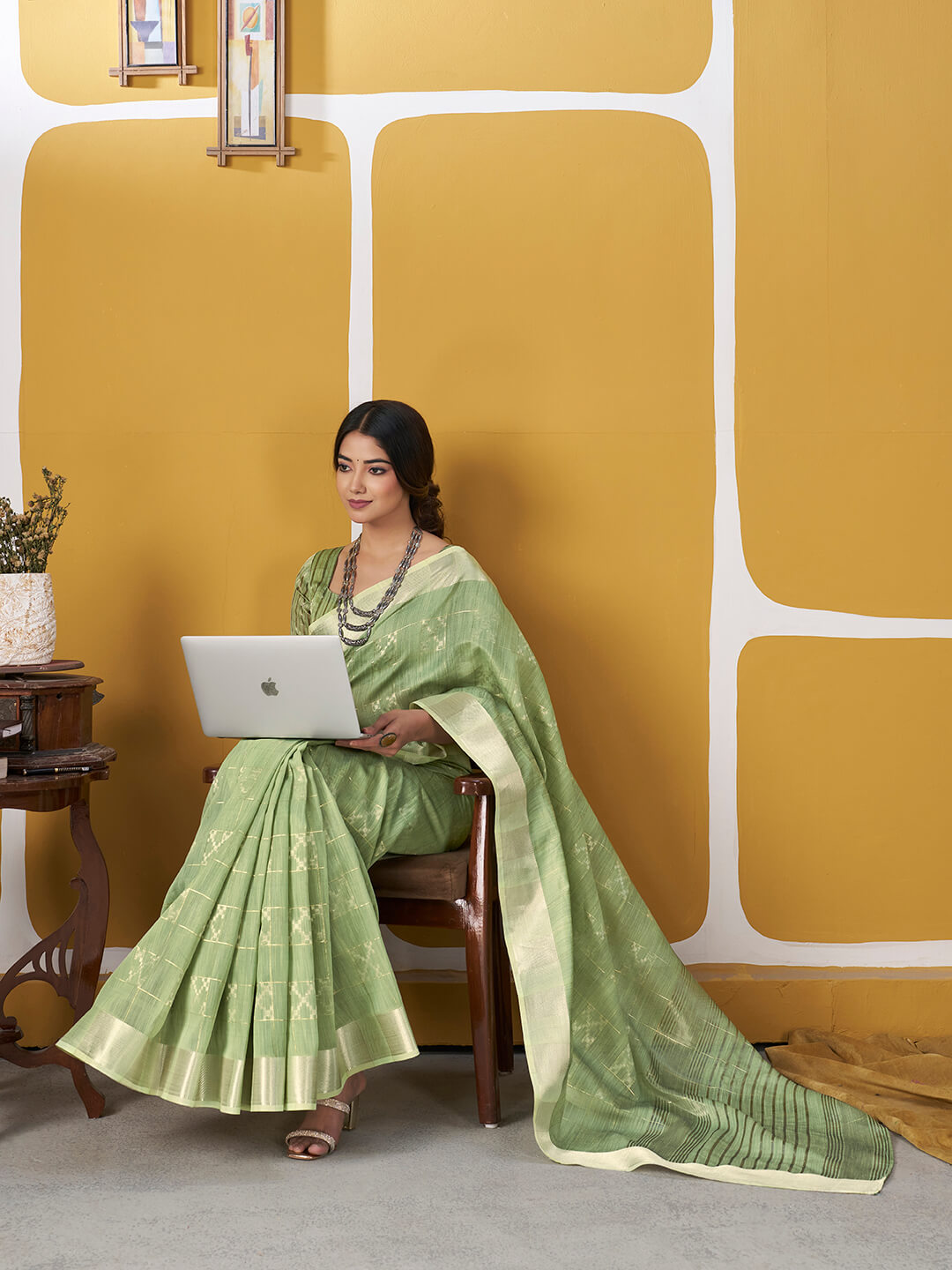 Winsome Pista Zari Weaving Linen Silk Saree With Enamoring Blouse Piece