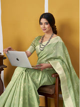 Winsome Pista Zari Weaving Linen Silk Saree With Enamoring Blouse Piece