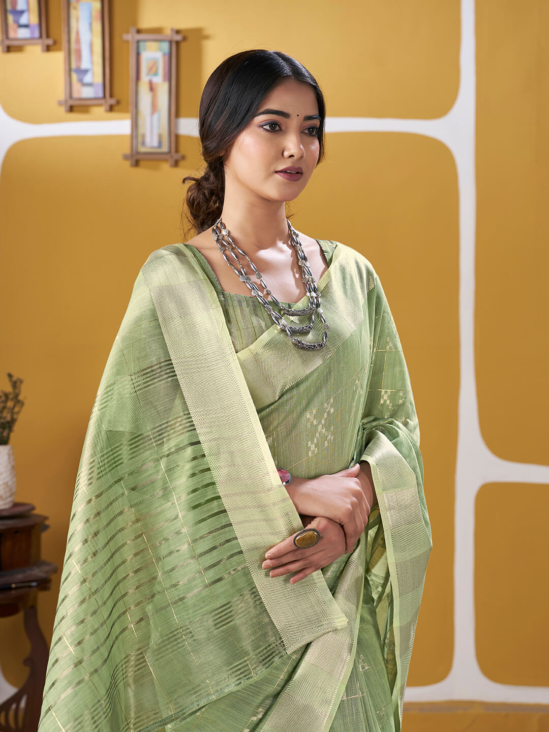 Winsome Pista Zari Weaving Linen Silk Saree With Enamoring Blouse Piece