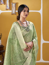 Winsome Pista Zari Weaving Linen Silk Saree With Enamoring Blouse Piece