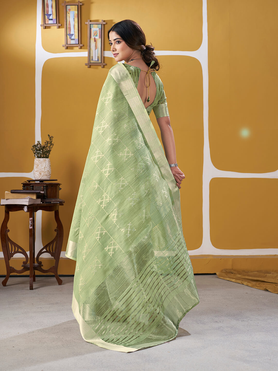 Winsome Pista Zari Weaving Linen Silk Saree With Enamoring Blouse Piece