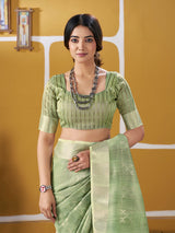Winsome Pista Zari Weaving Linen Silk Saree With Enamoring Blouse Piece