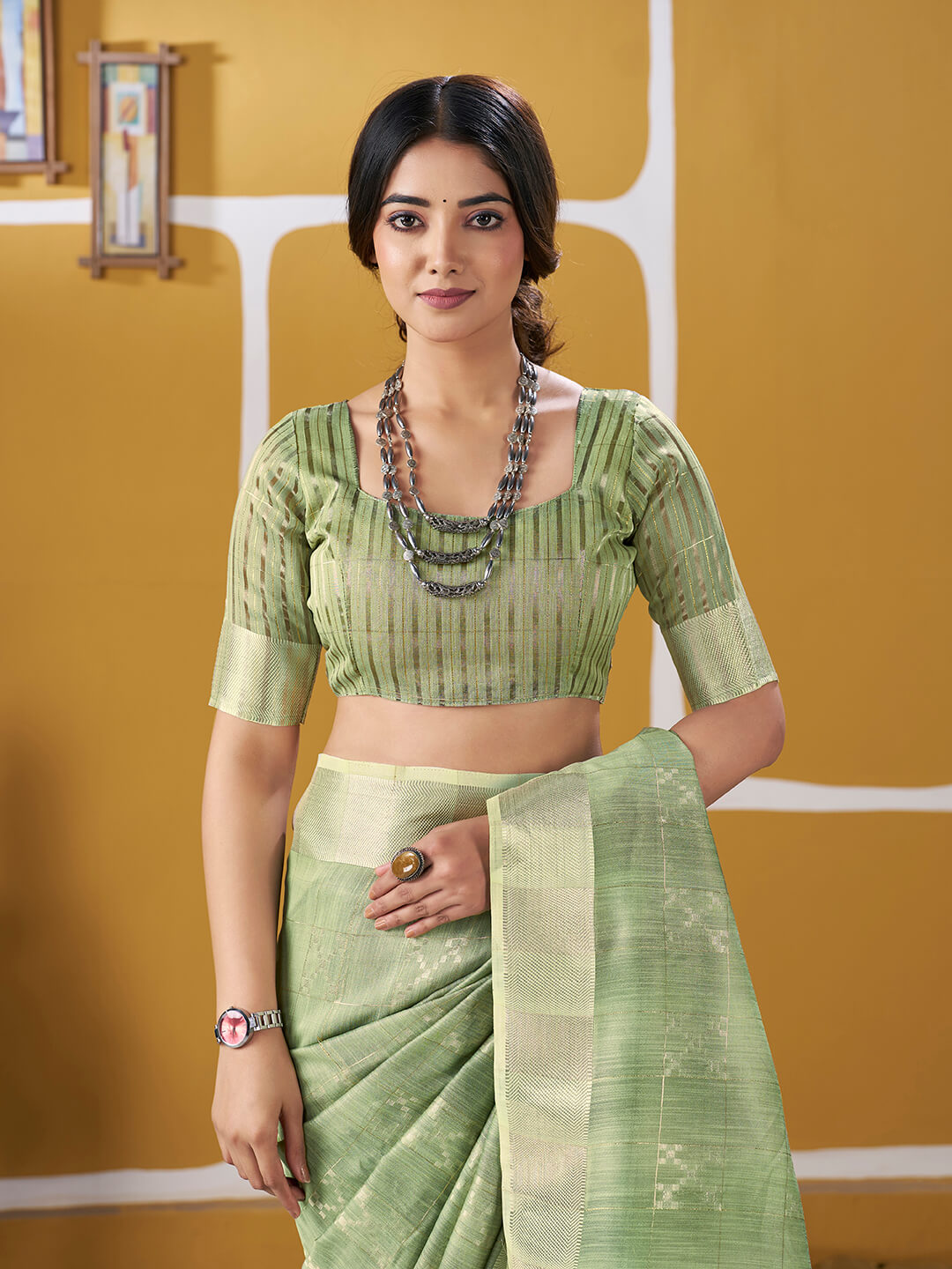 Winsome Pista Zari Weaving Linen Silk Saree With Enamoring Blouse Piece