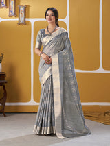 Sizzling Silver Zari Weaving Linen Silk Saree With Quixotic Blouse Piece
