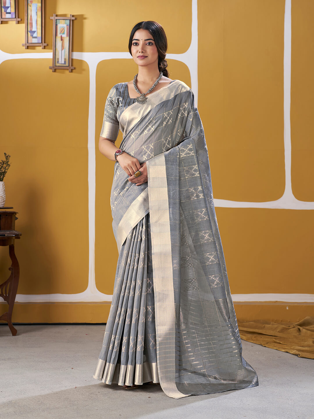 Sizzling Silver Zari Weaving Linen Silk Saree With Quixotic Blouse Piece