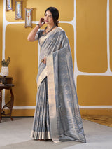 Sizzling Silver Zari Weaving Linen Silk Saree With Quixotic Blouse Piece
