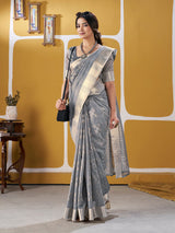 Sizzling Silver Zari Weaving Linen Silk Saree With Quixotic Blouse Piece