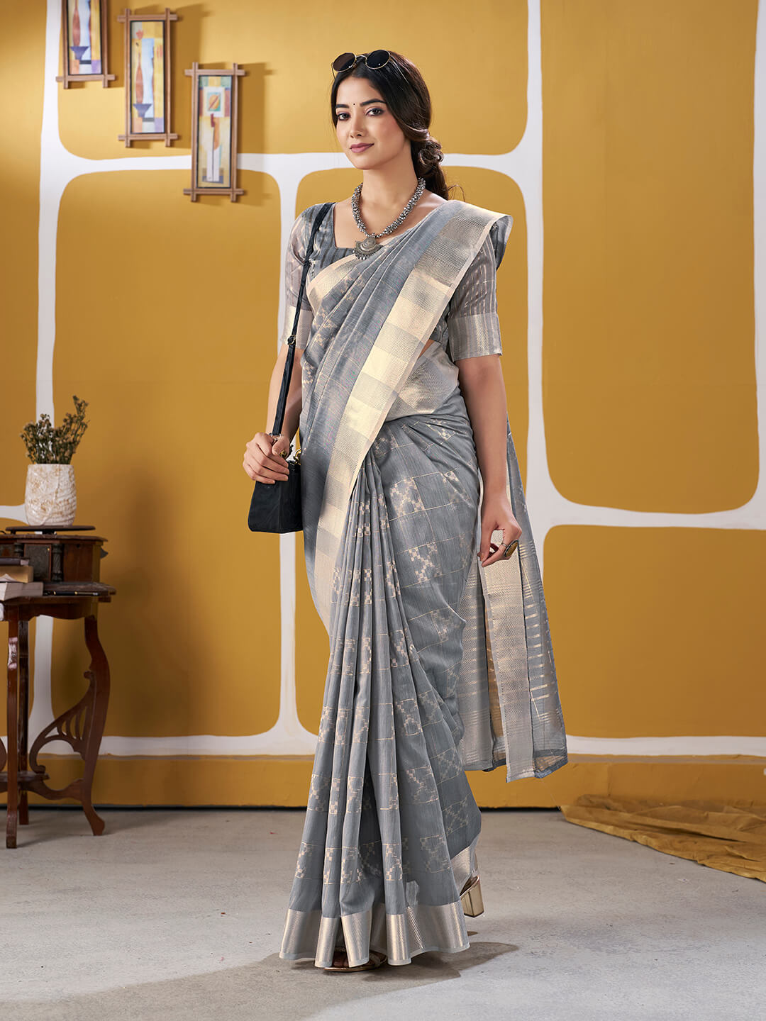 Sizzling Silver Zari Weaving Linen Silk Saree With Quixotic Blouse Piece