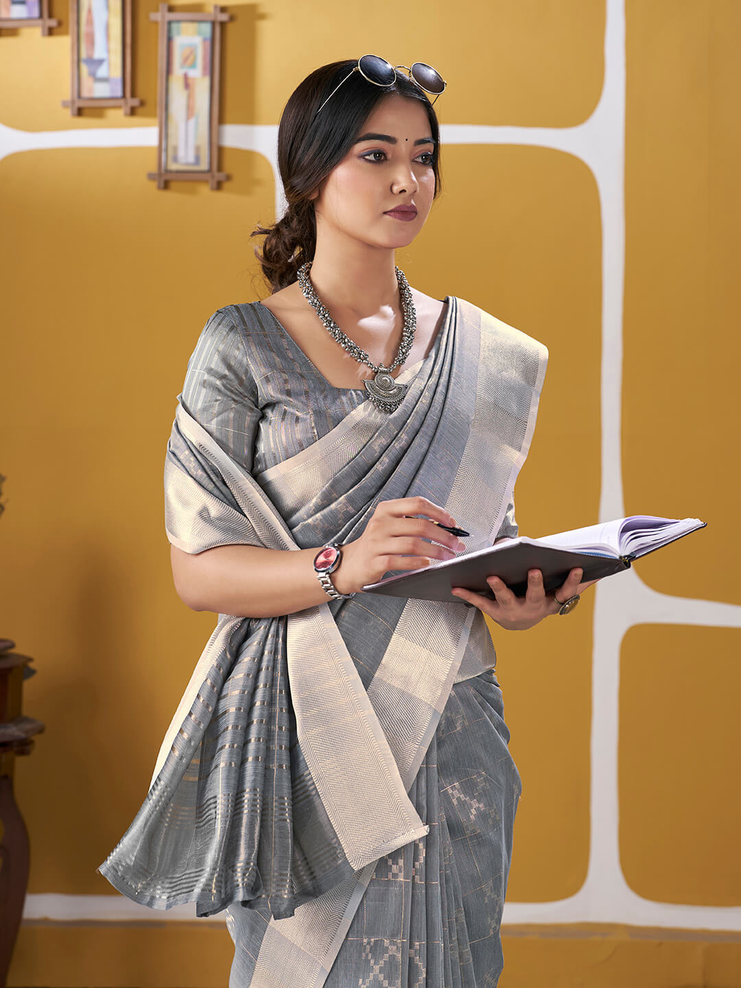 Sizzling Silver Zari Weaving Linen Silk Saree With Quixotic Blouse Piece