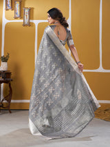 Sizzling Silver Zari Weaving Linen Silk Saree With Quixotic Blouse Piece