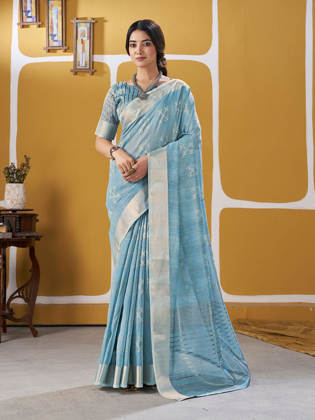 Transcendent Sky Zari Weaving Linen Silk Saree With Elegant Blouse Piece