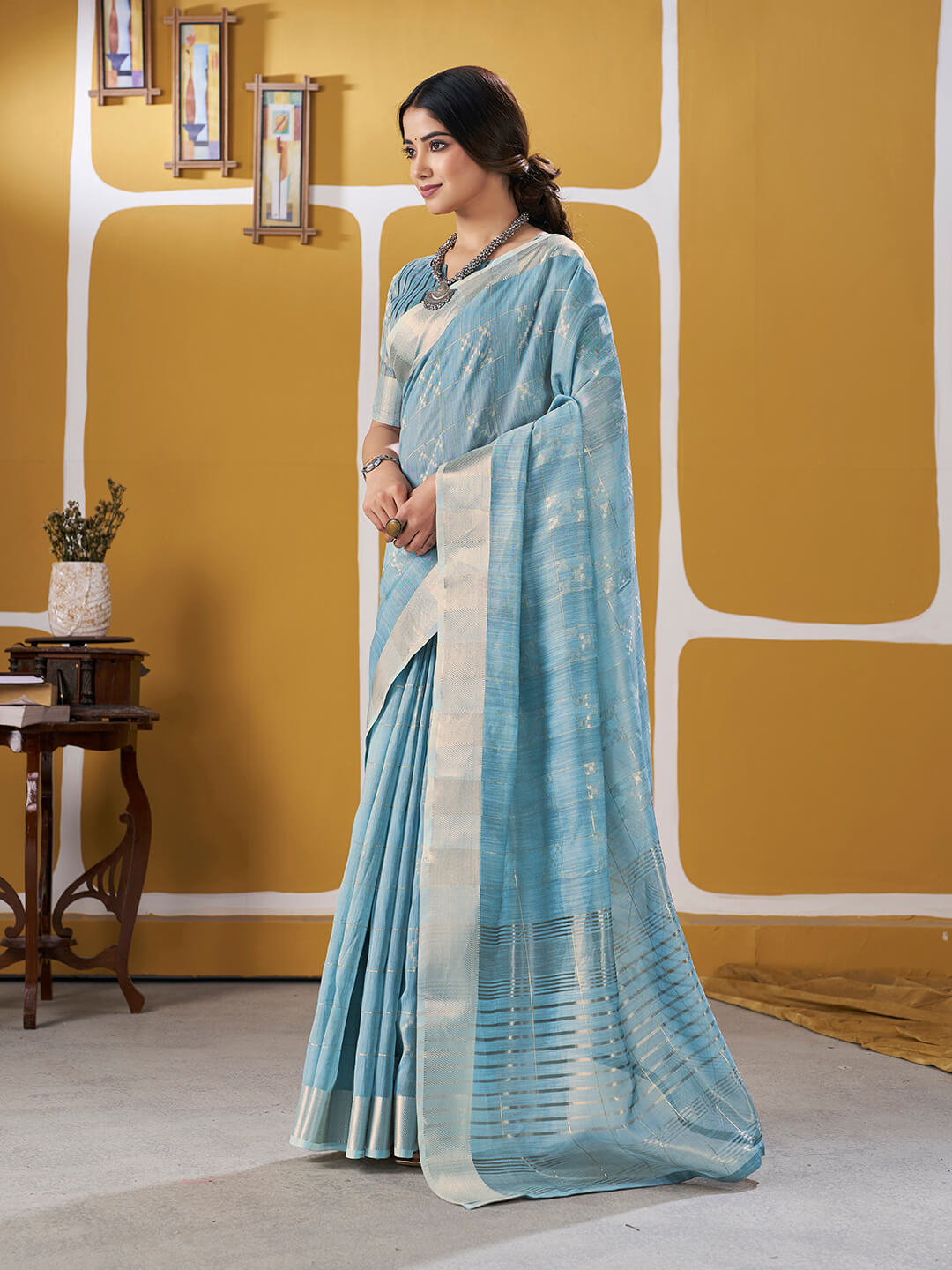 Transcendent Sky Zari Weaving Linen Silk Saree With Elegant Blouse Piece