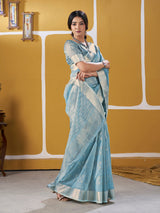 Transcendent Sky Zari Weaving Linen Silk Saree With Elegant Blouse Piece