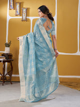 Transcendent Sky Zari Weaving Linen Silk Saree With Elegant Blouse Piece