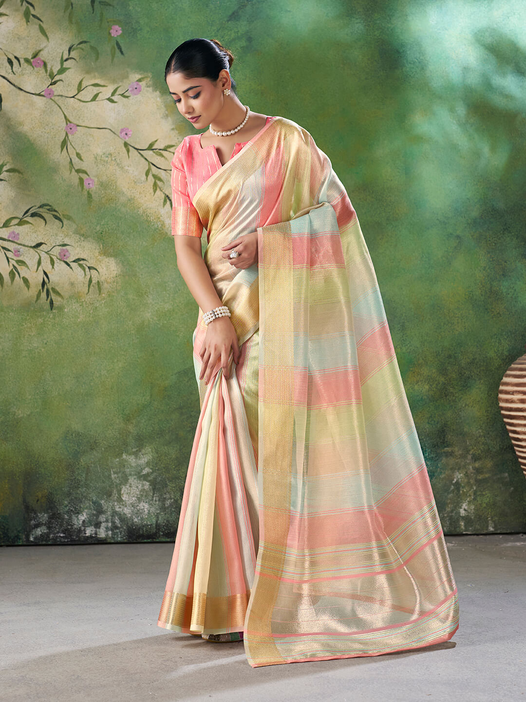 Gratifying Multicolor Zari Weaving Linen Silk Saree With Serendipity Blouse Piece