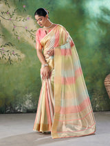 Gratifying Multicolor Zari Weaving Linen Silk Saree With Serendipity Blouse Piece