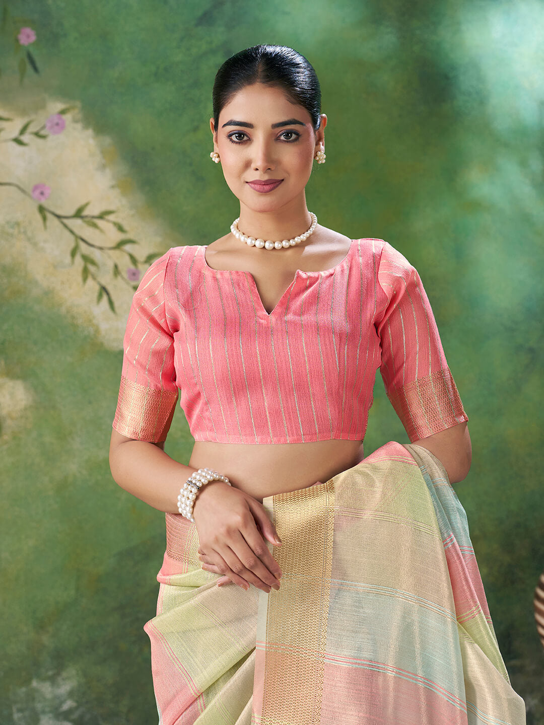 Gratifying Multicolor Zari Weaving Linen Silk Saree With Serendipity Blouse Piece