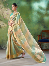 Staring Multicolor Zari Weaving Linen Silk Saree With Precious Blouse Piece