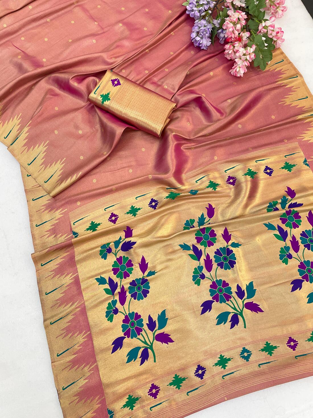Fairytale Baby Pink Tissue Silk Paithani Saree With Luxuriant Blouse Piece