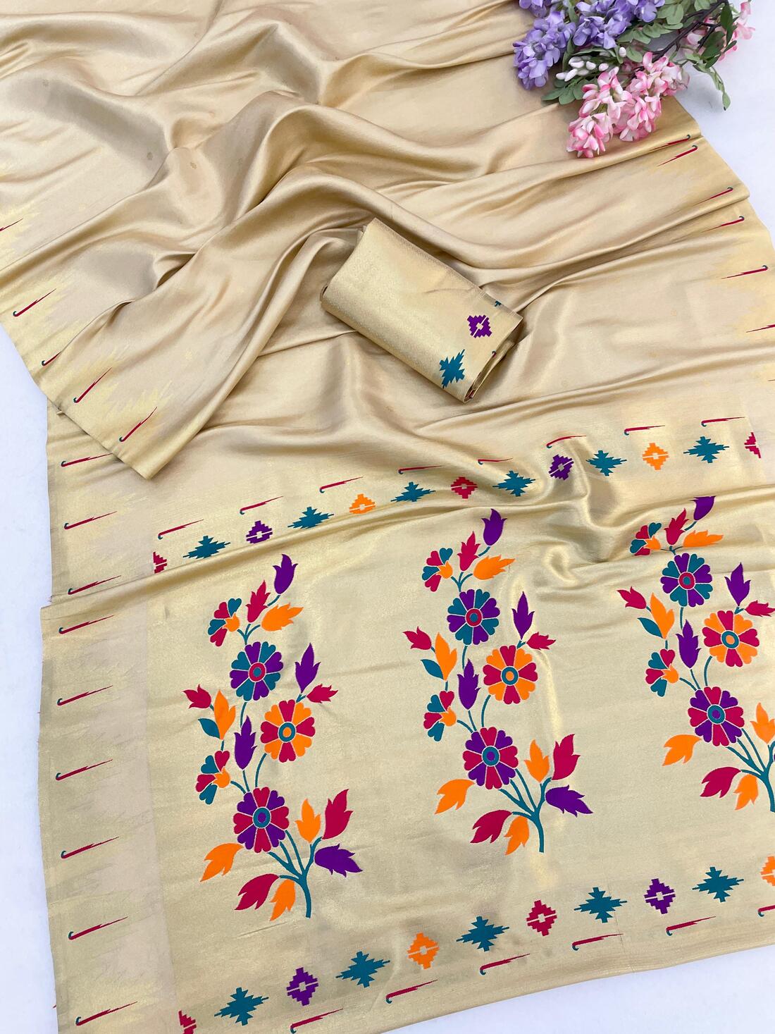 Amazing Beige Tissue Silk Paithani Saree With Glittering Blouse Piece