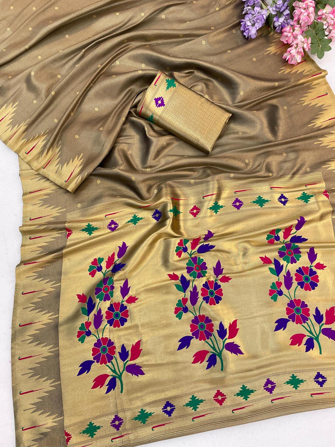 Demesne Grey Tissue Silk Paithani Saree With Zephyr Blouse Piece