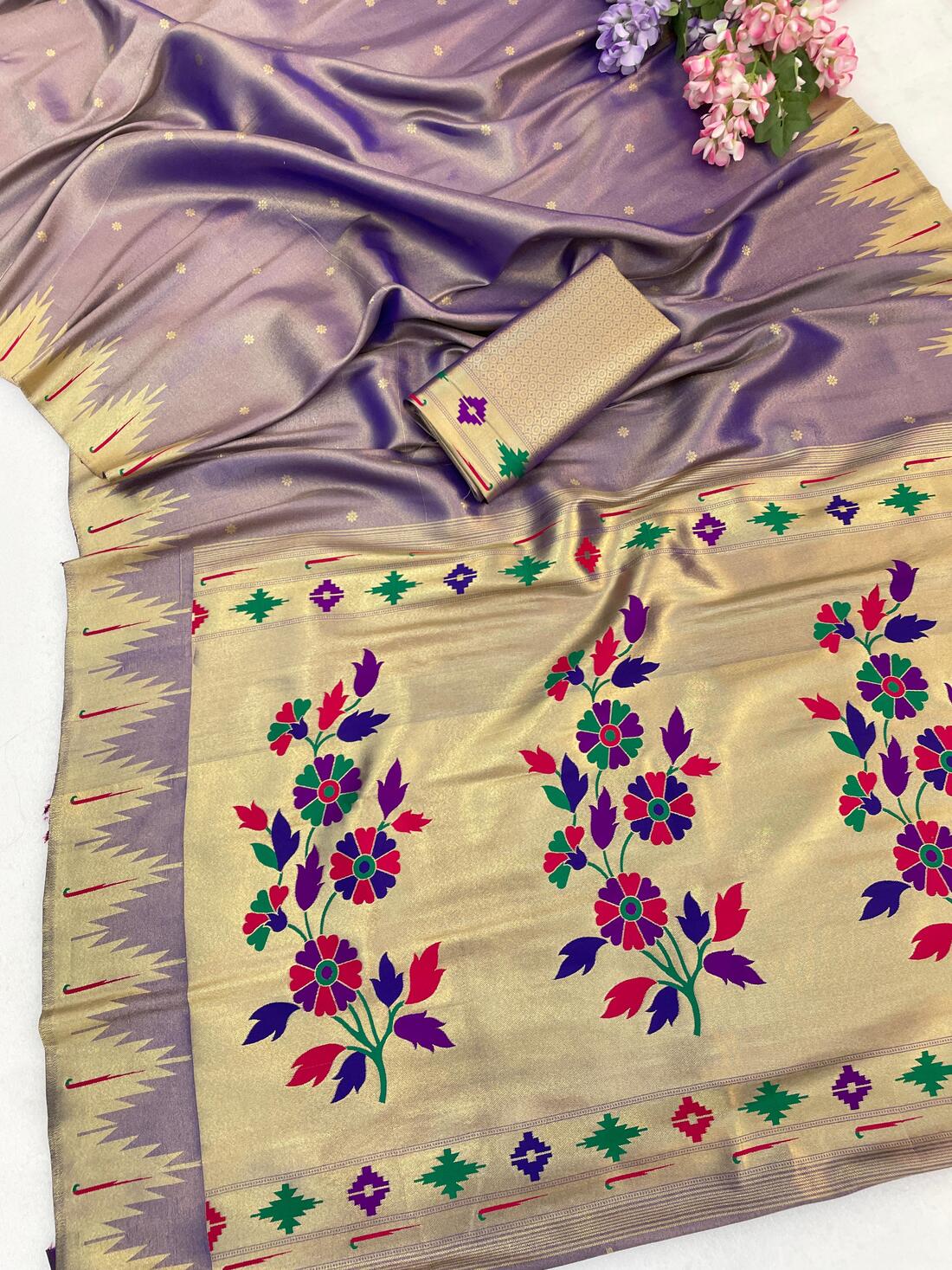 Elision Lavender Tissue Silk Paithani Saree With Lovely Blouse Piece