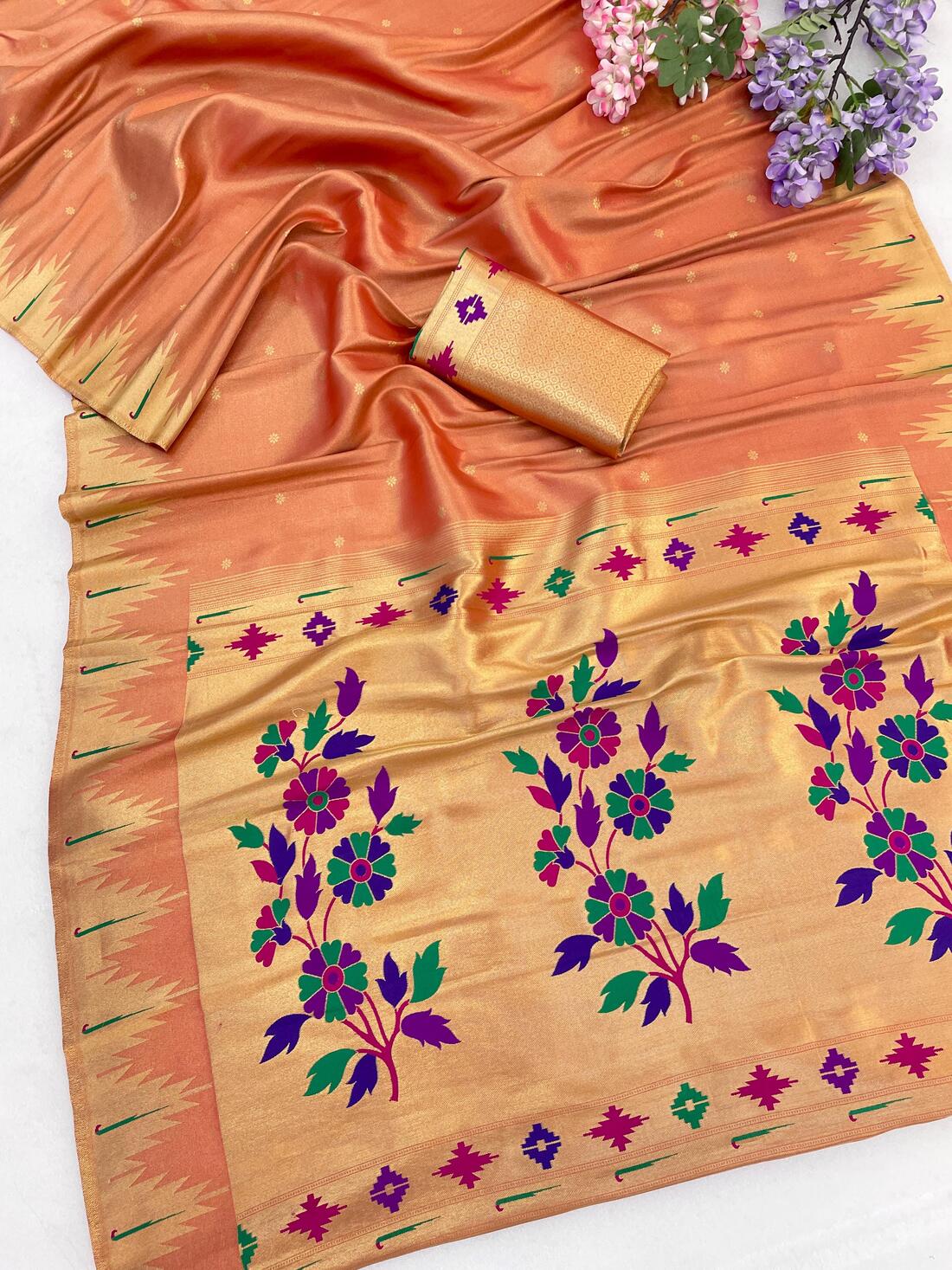 Engrossing Peach Tissue Silk Paithani Saree With Inspiring Blouse Piece