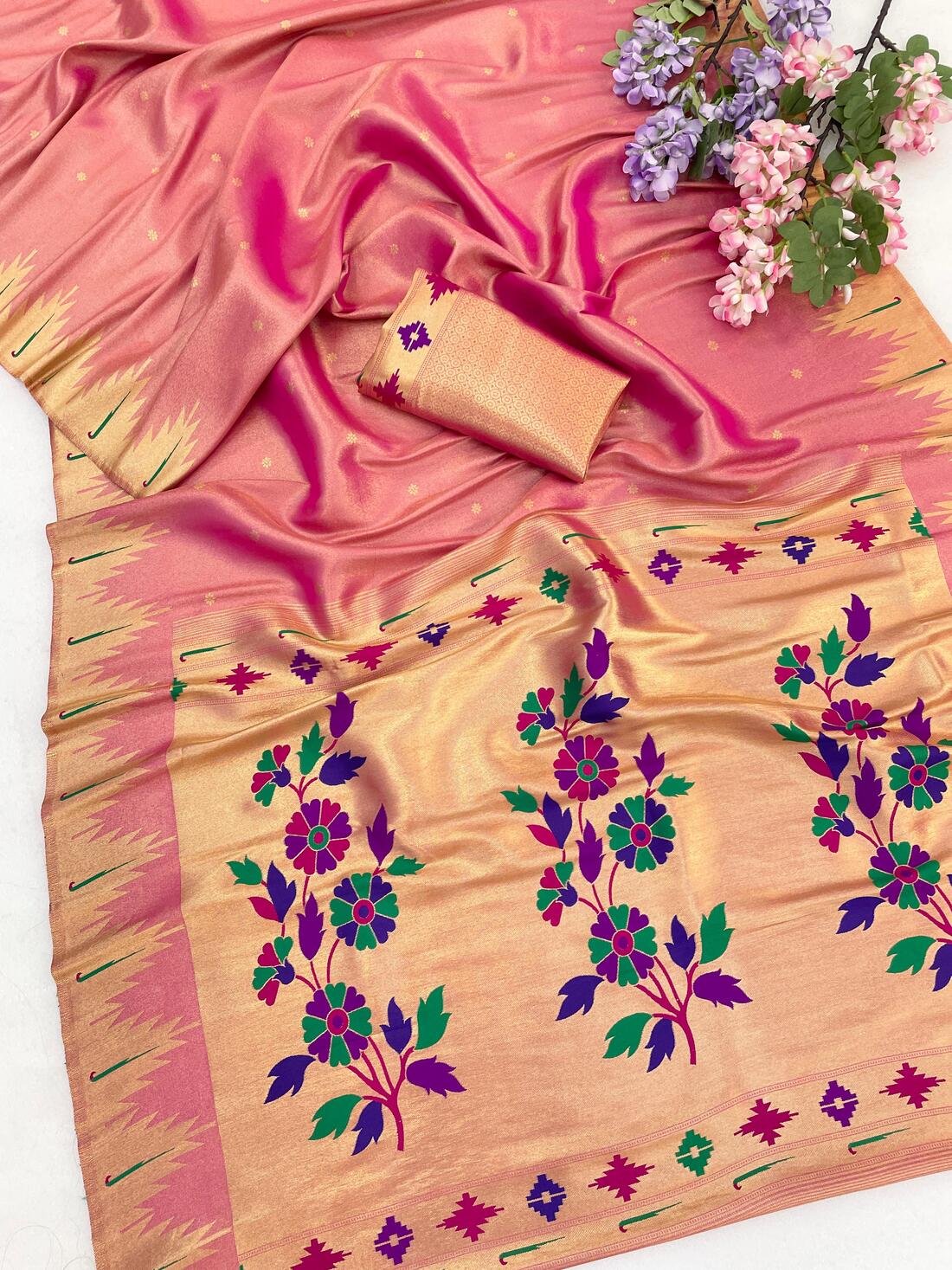 Fragrant Pink Tissue Silk Paithani Saree With Mesmeric Blouse Piece