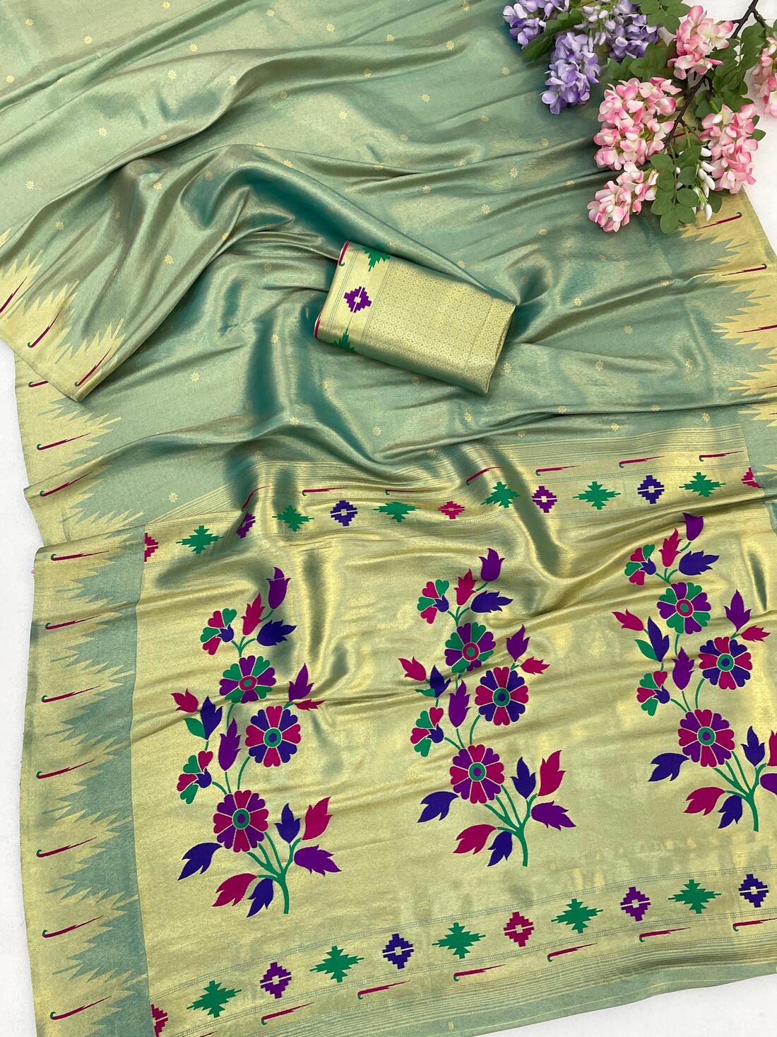 Bucolic Pista Tissue Silk Paithani Saree With Appealing Blouse Piece