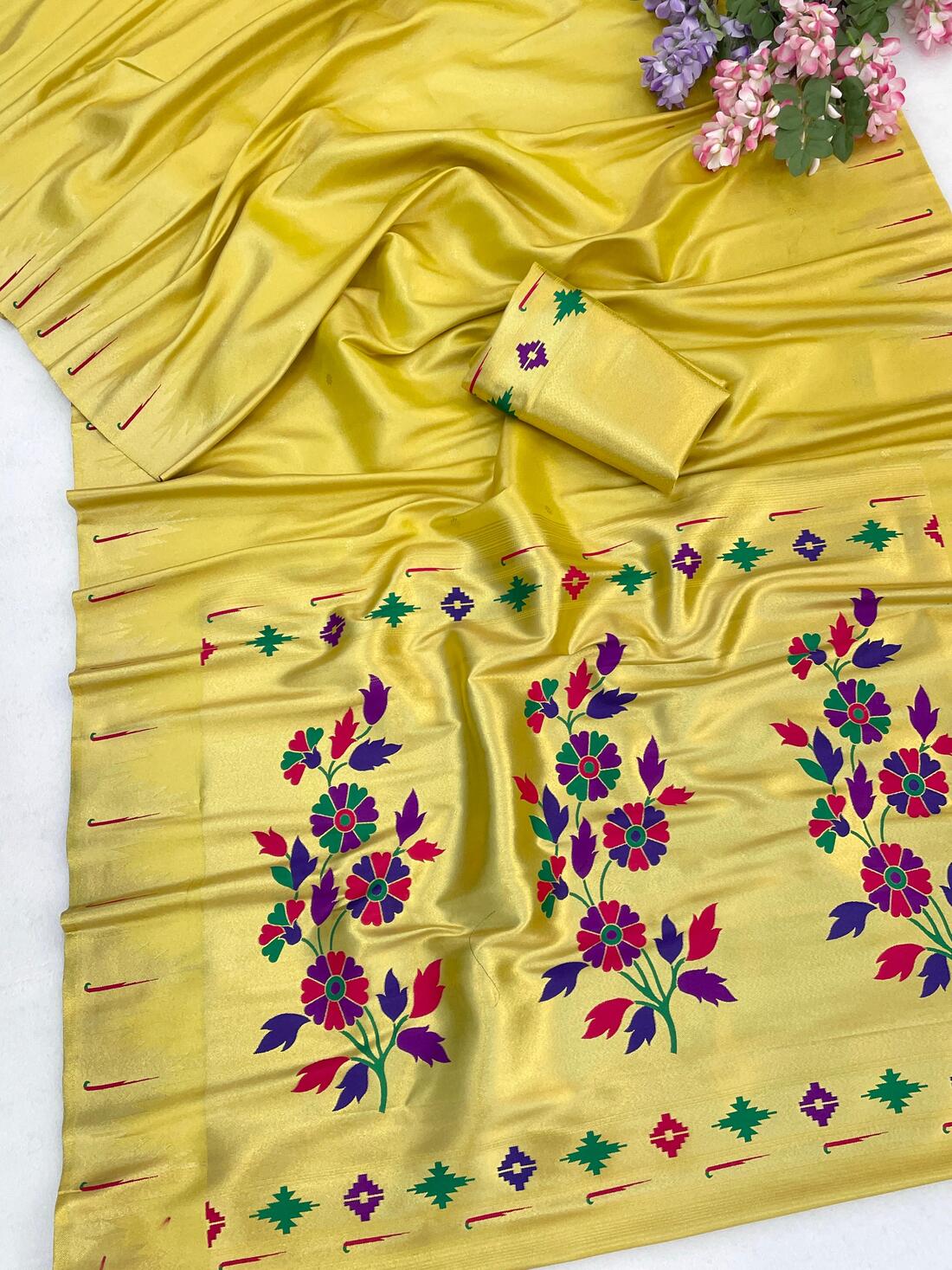 Flattering Yellow Tissue Silk Paithani Saree With Embrocation Blouse Piece